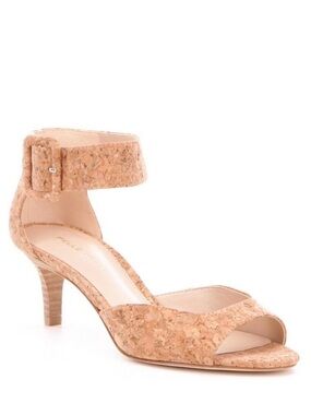 Pelle Moda Berlin Cork Sandals Size 6.5 M Peep-Toe Kitten-Heel Ankle Strap